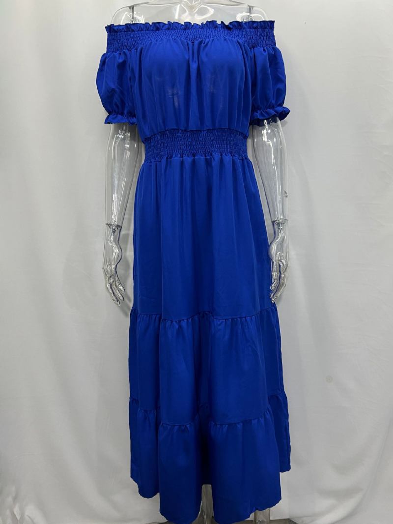 Vestido Boho Feminino Com Ombro Fora Plissado Em Camadas Vestidos Maxi Casuais Verão - Azul Royal