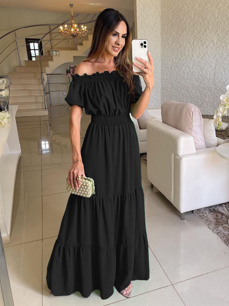 Vestido Boho Feminino Com Ombro Fora Plissado Em Camadas Vestidos Maxi Casuais Verão - Preto