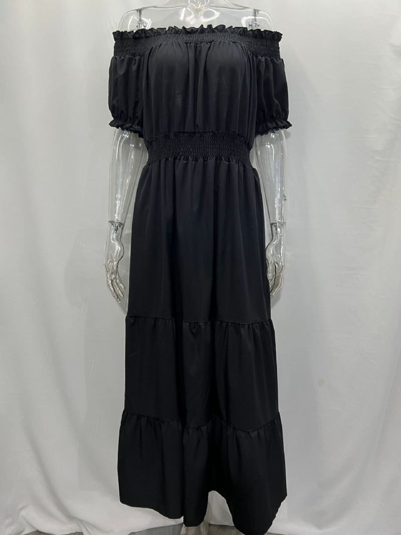 Vestido Boho Feminino Com Ombro Fora Plissado Em Camadas Vestidos Maxi Casuais Verão - Preto