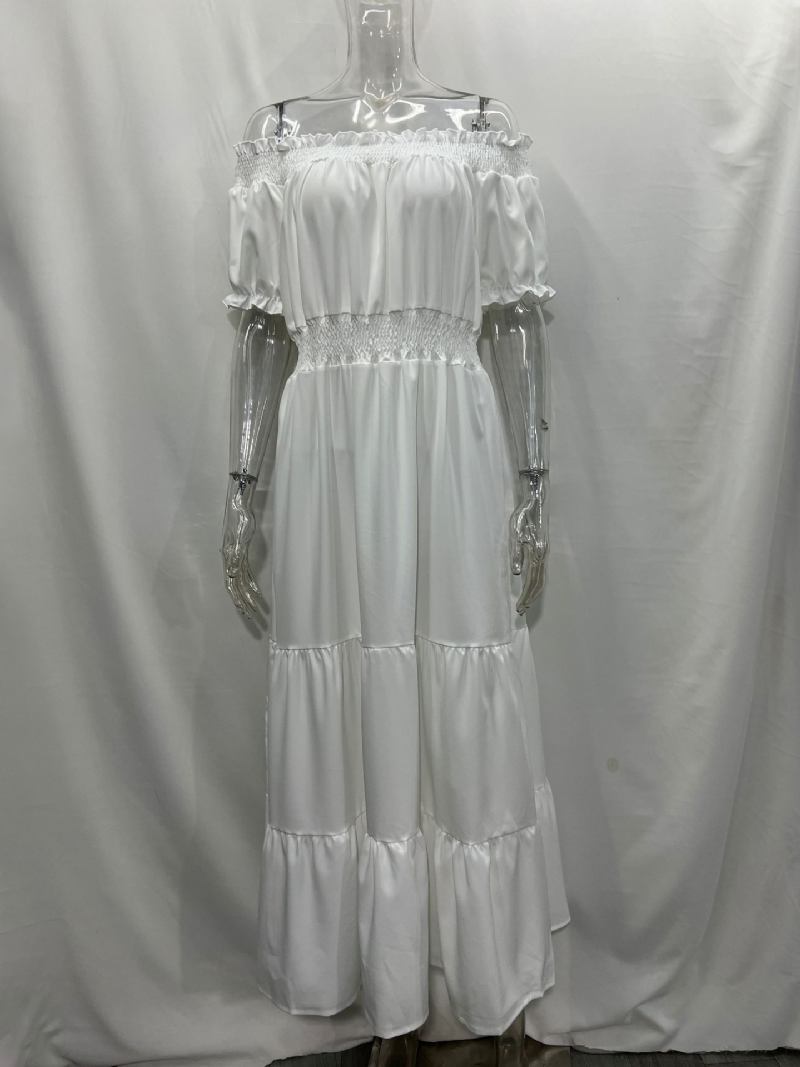 Vestido Boho Feminino Com Ombro Fora Plissado Em Camadas Vestidos Maxi Casuais Verão - Branco