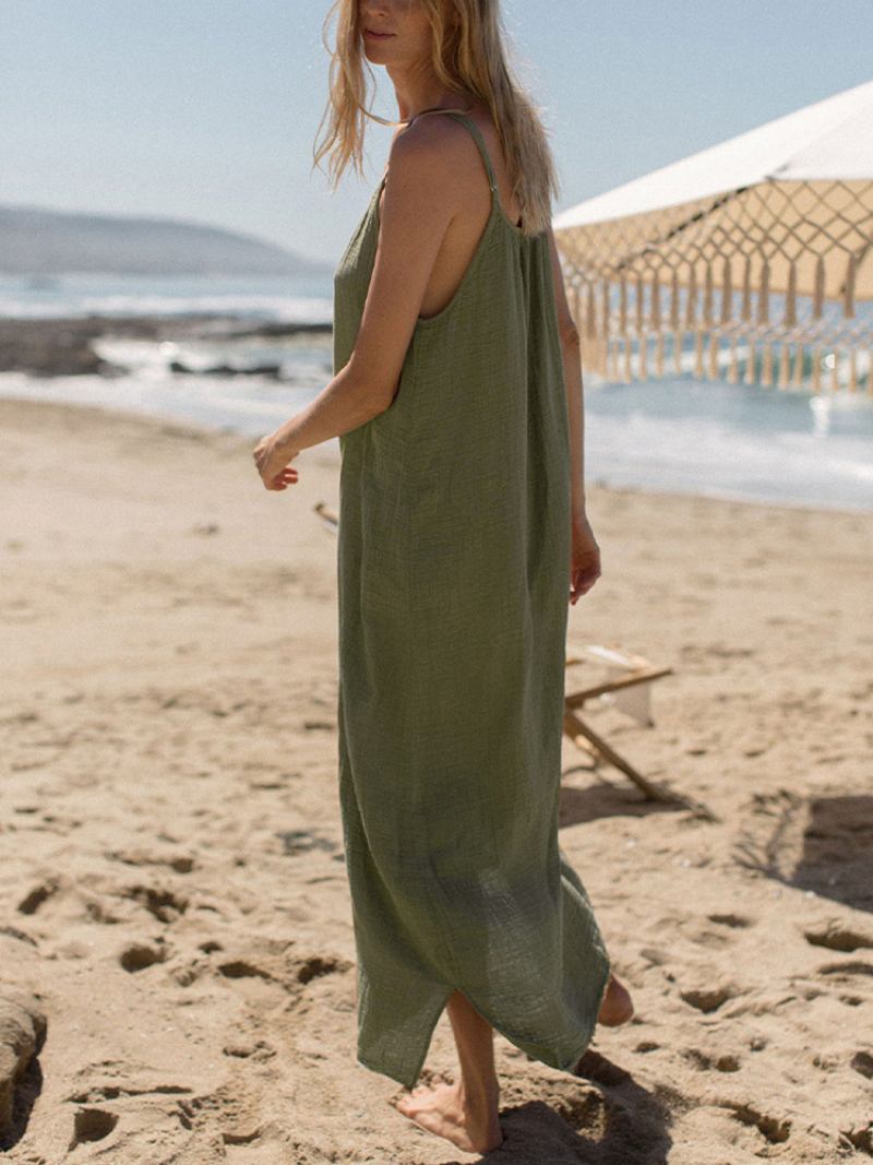 Vestido Boho Feminino Com Renda E Gola Joia Sem Mangas Praia Grande - Azeitona