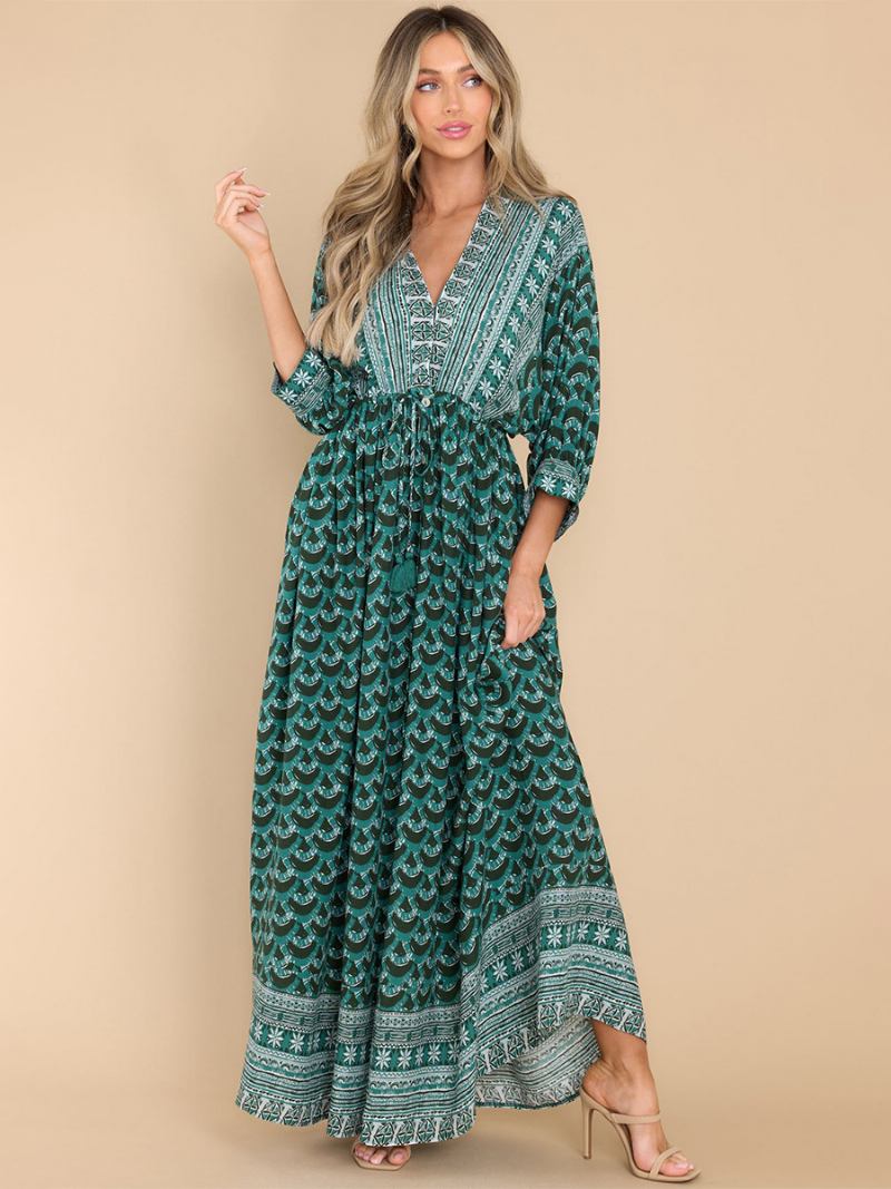 Vestido Boho Feminino Estampado Com Decote Em V Corte Alto Diário Casual Maxi Vestidos Praia