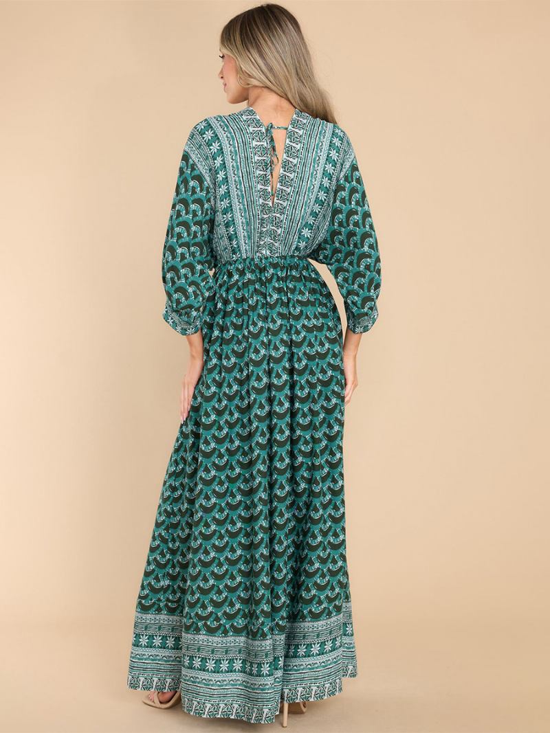 Vestido Boho Feminino Estampado Com Decote Em V Corte Alto Diário Casual Maxi Vestidos Praia - Verde