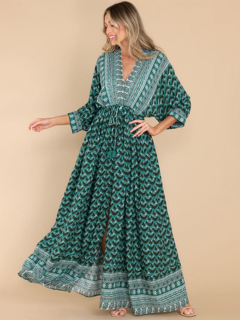 Vestido Boho Feminino Estampado Com Decote Em V Corte Alto Diário Casual Maxi Vestidos Praia - Verde