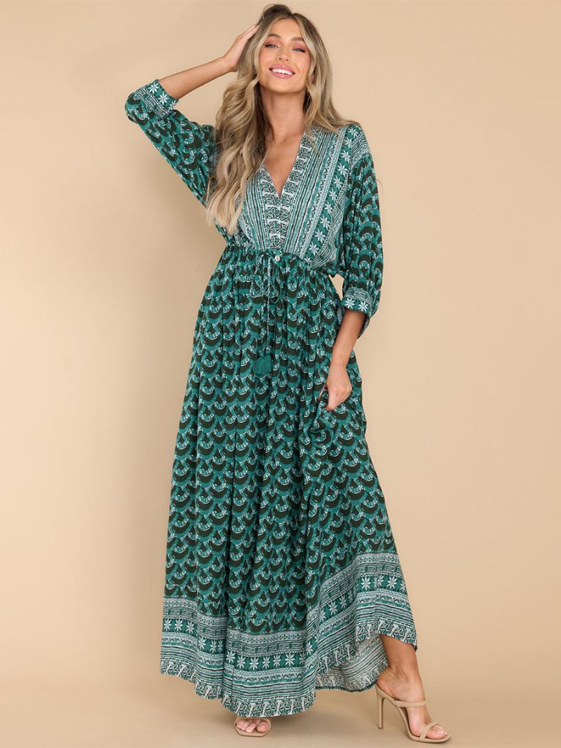 Vestido Boho Feminino Estampado Com Decote Em V Corte Alto Diário Casual Maxi Vestidos Praia - Verde