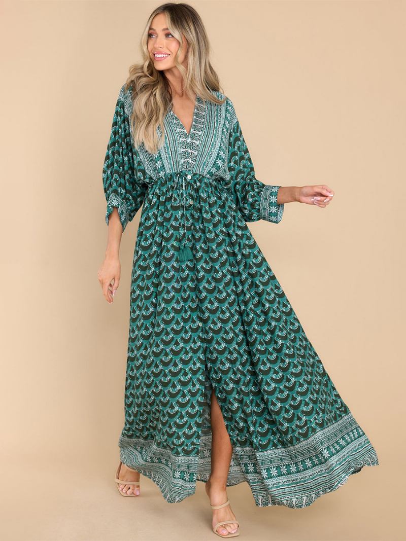 Vestido Boho Feminino Estampado Com Decote Em V Corte Alto Diário Casual Maxi Vestidos Praia - Verde