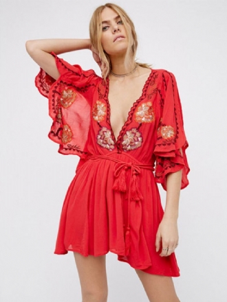 Vestido Boho Feminino Flor Bordado Algodão Profundo Decote Em V Fenda Meia Manga Boêmio Cigano Verão Férias Mini Praia