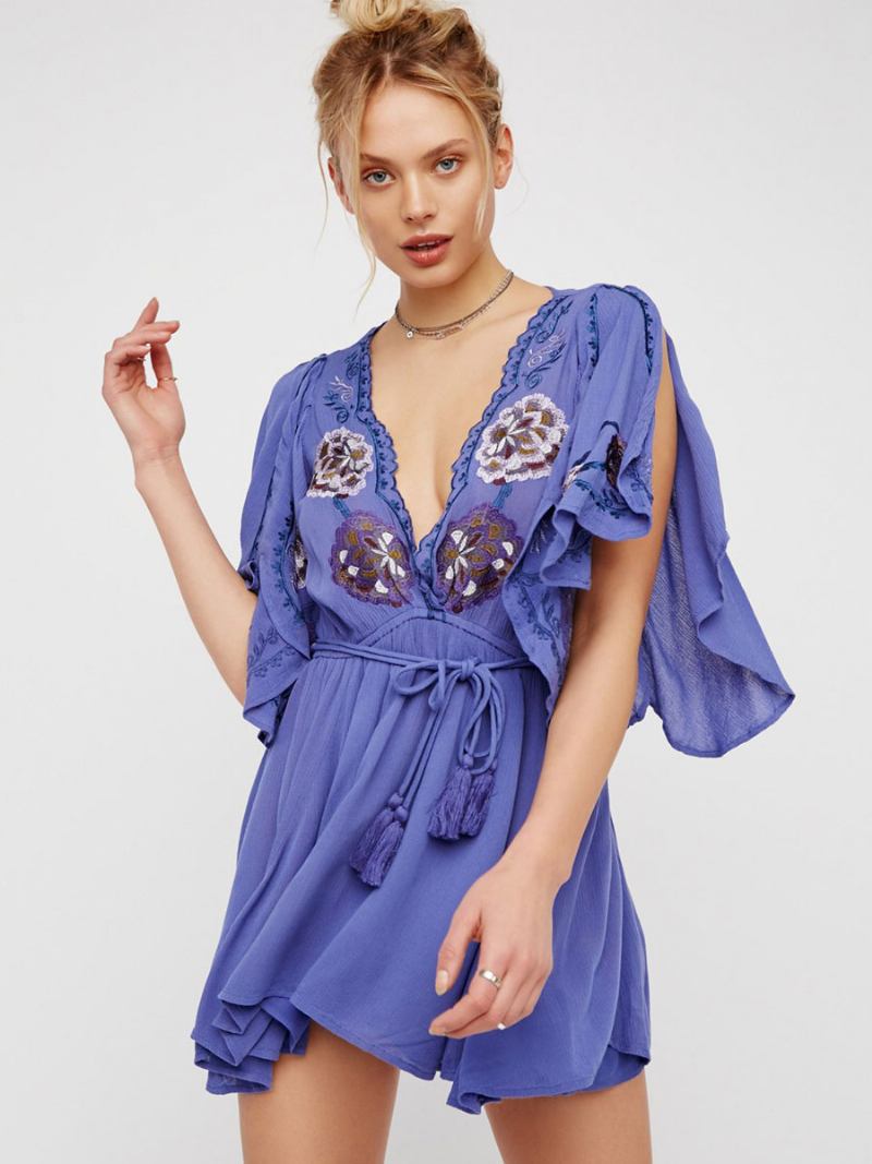 Vestido Boho Feminino Flor Bordado Algodão Profundo Decote Em V Fenda Meia Manga Boêmio Cigano Verão Férias Mini Praia - Azul