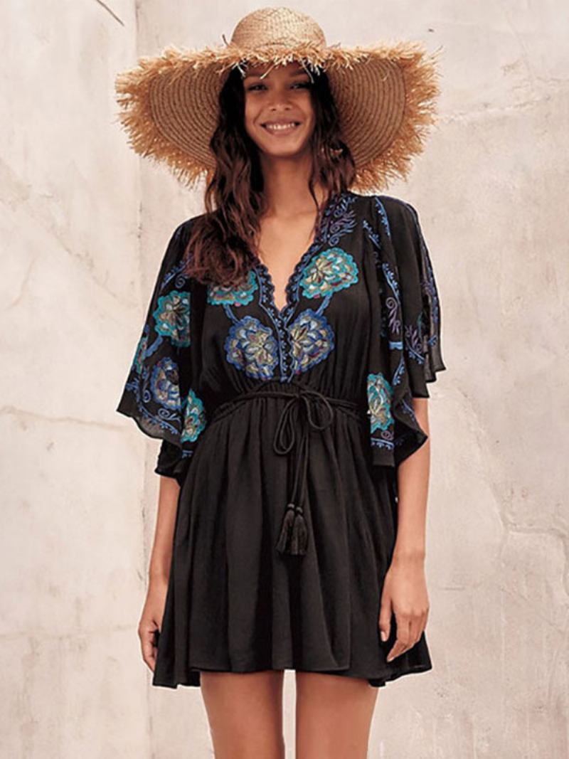 Vestido Boho Feminino Flor Bordado Algodão Profundo Decote Em V Fenda Meia Manga Boêmio Cigano Verão Férias Mini Praia - Preto