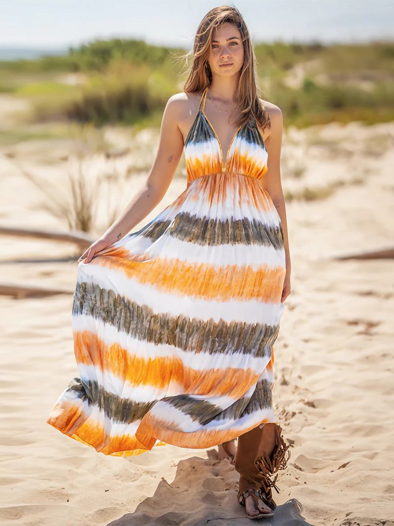 Vestido Boho Feminino Frente Única Com Decote Em V Aberto Nas Costas Casual Resort Verão Vestidos Maxi - Laranja 