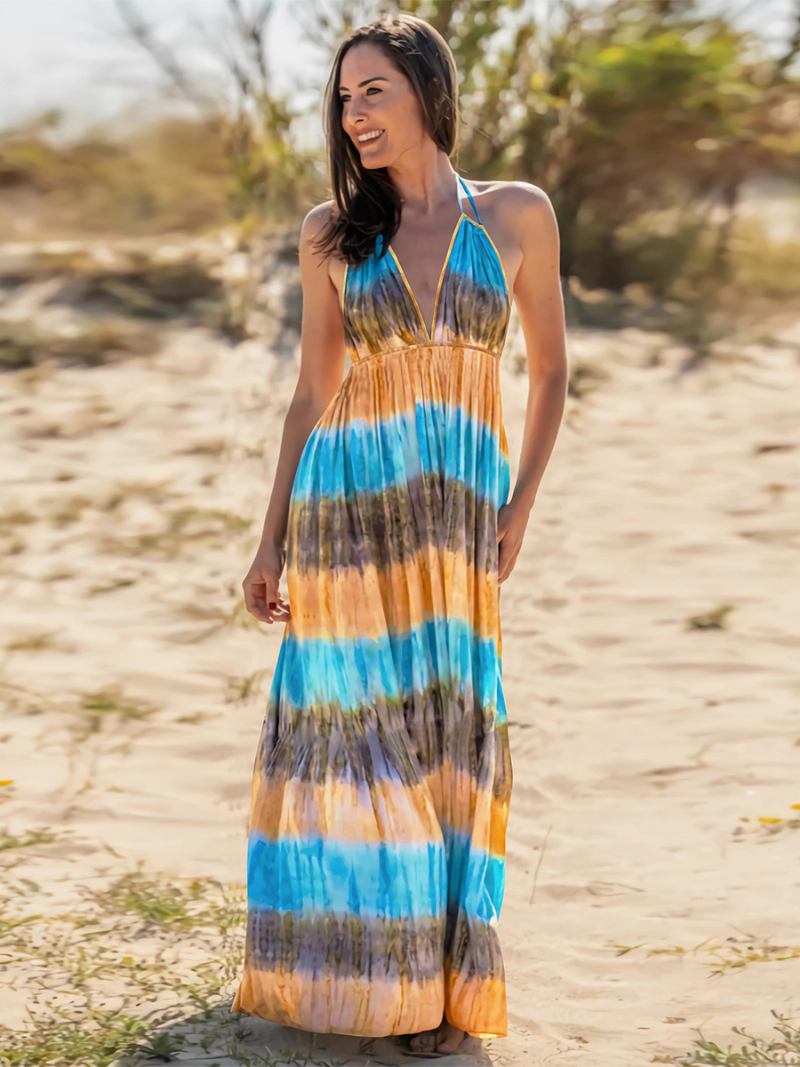 Vestido Boho Feminino Frente Única Com Decote Em V Aberto Nas Costas Casual Resort Verão Vestidos Maxi -  Azul 