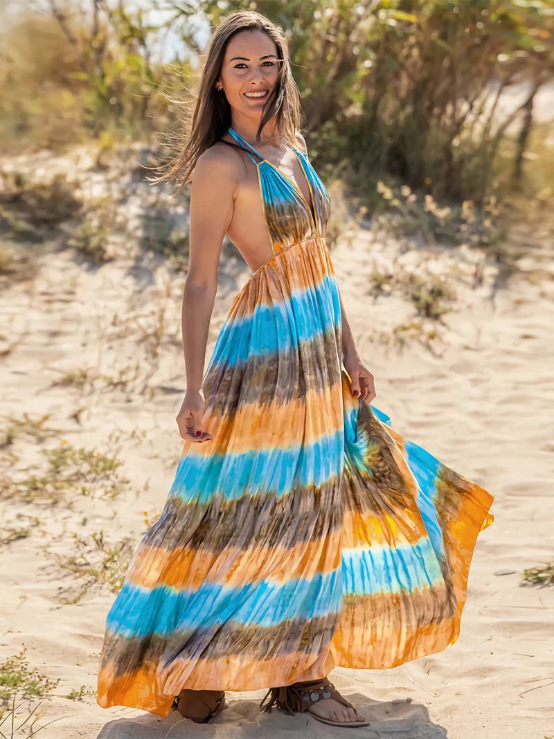 Vestido Boho Feminino Frente Única Com Decote Em V Aberto Nas Costas Casual Resort Verão Vestidos Maxi -  Azul 