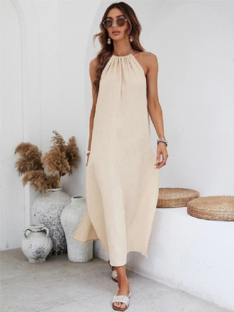 Vestido Boho Feminino Plissado Com Decote Em Joia Sem Mangas Praia Grande