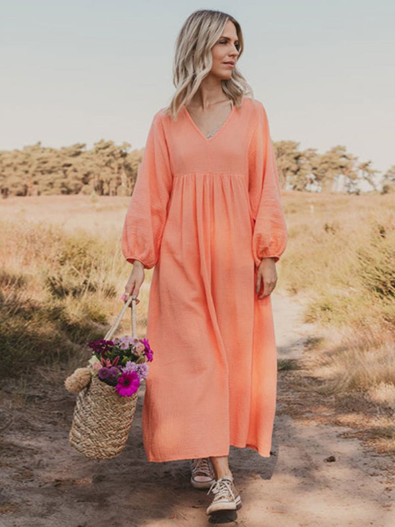 Vestido Boho Feminino Plissado Com Decote Em V Mangas Compridas Vestidos Maxi Casuais Diários - Laranja