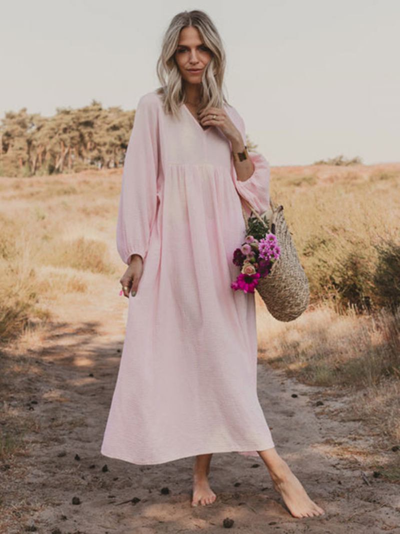 Vestido Boho Feminino Plissado Com Decote Em V Mangas Compridas Vestidos Maxi Casuais Diários - Rosa