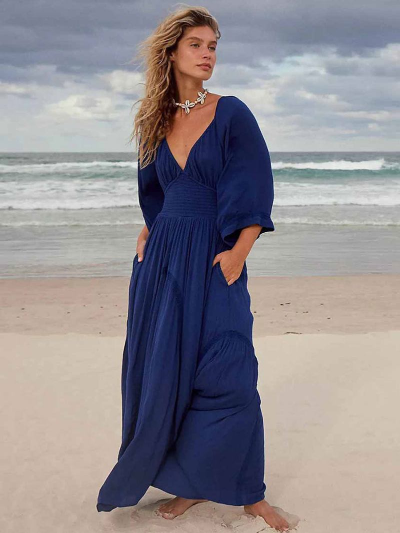 Vestido Boho Feminino Plissado Com Decote Em V Mangas Três Quartos Vestidos Maxi Praia - Azul