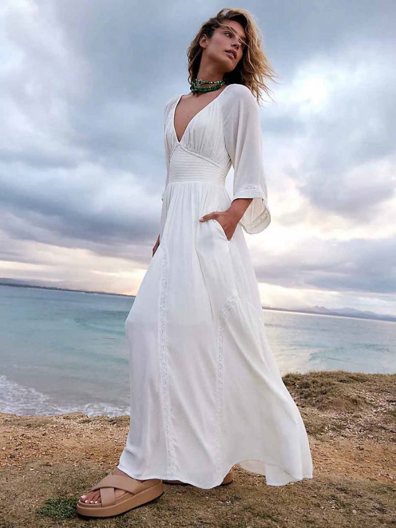 Vestido Boho Feminino Plissado Com Decote Em V Mangas Três Quartos Vestidos Maxi Praia - Branco