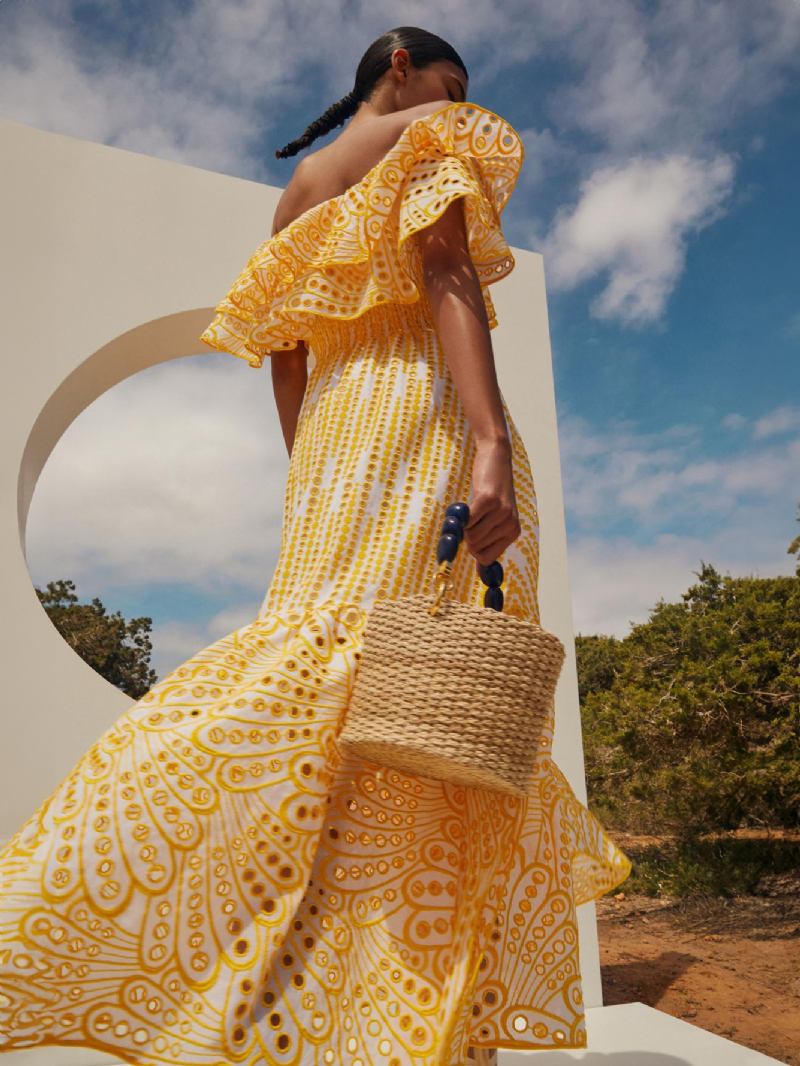 Vestido Boho Feminino Sem Alças Com Gola Bateau Mangas Em Camadas Renda Verão - Amarelo