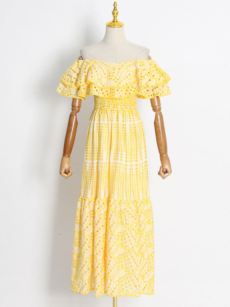 Vestido Boho Feminino Sem Alças Com Gola Bateau Mangas Em Camadas Renda Verão - Amarelo