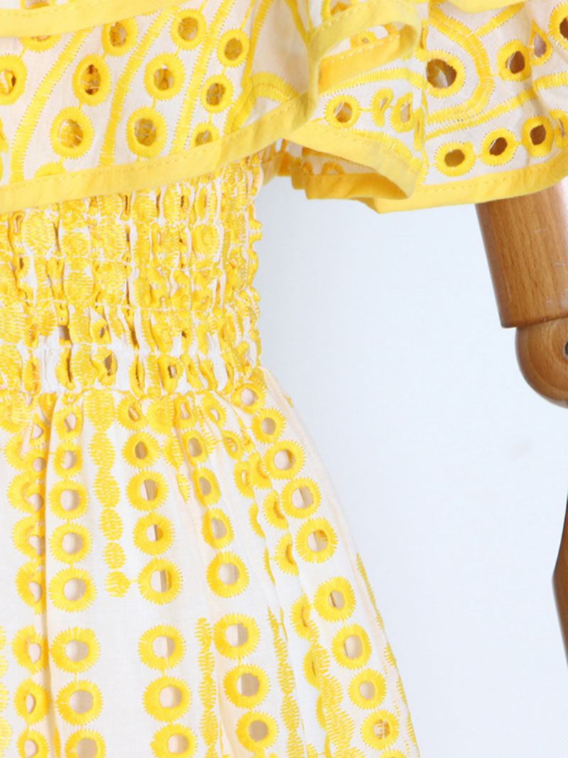 Vestido Boho Feminino Sem Alças Com Gola Bateau Mangas Em Camadas Renda Verão - Amarelo