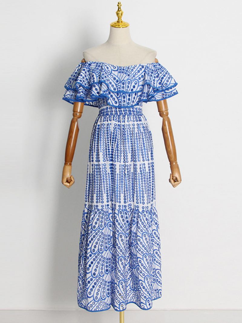 Vestido Boho Feminino Sem Alças Com Gola Bateau Mangas Em Camadas Renda Verão - Azul Céu Claro