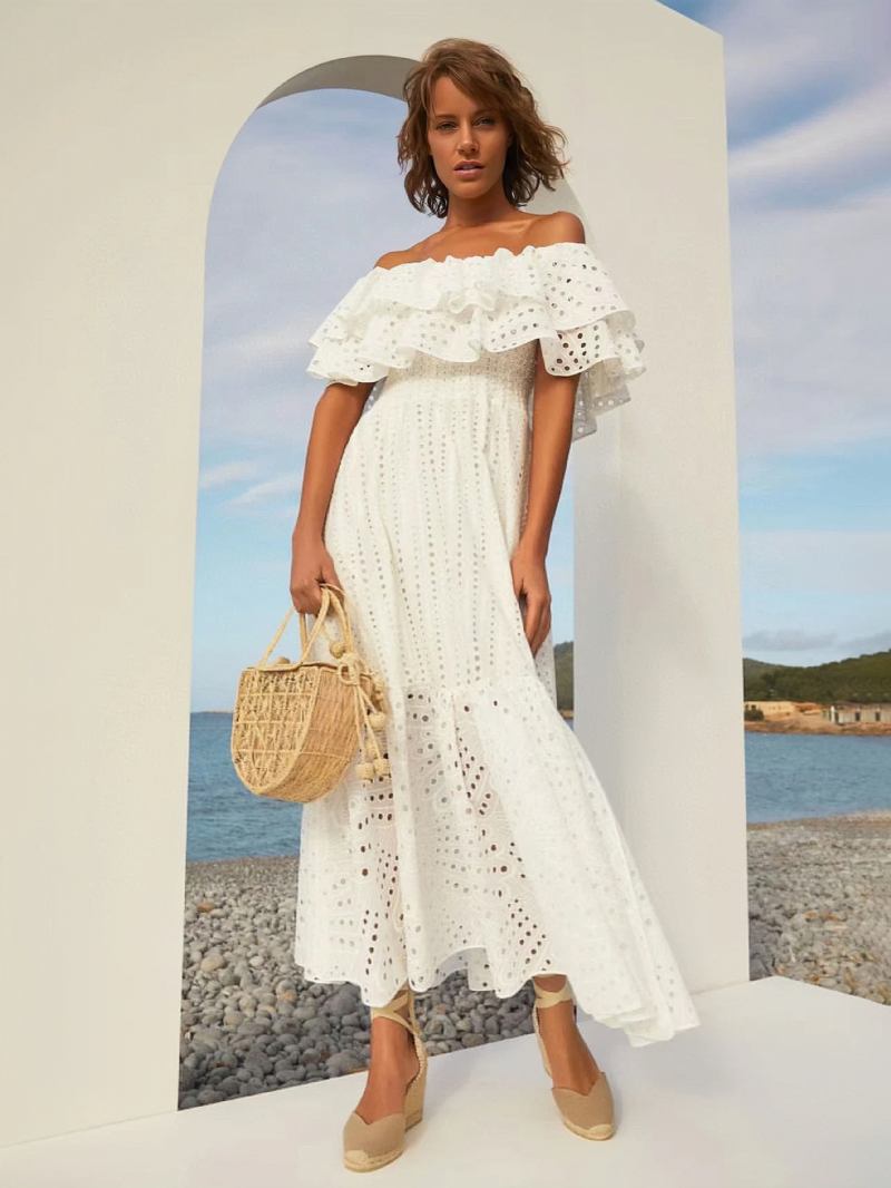 Vestido Boho Feminino Sem Alças Com Gola Bateau Mangas Em Camadas Renda Verão - Branco