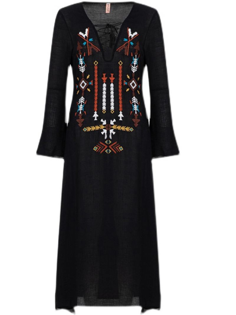 Vestido Boho Preto Algodão Com Decote Em V Manga Comprida Bordado Boêmio Cigano Praia Férias Primavera Outono Longo Para Mulheres - Preto