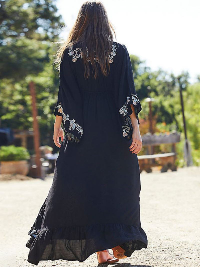 Vestido Boho Profundo Com Decote Em V Manga 3/4 Comprimento Preto Bordado Boêmio Cigano Praia Férias Algodão Primavera Verão Longo Para Mulheres - Preto