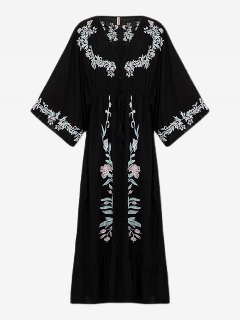 Vestido Boho Profundo Com Decote Em V Manga 3/4 Comprimento Preto Bordado Boêmio Cigano Praia Férias Algodão Primavera Verão Longo Para Mulheres - Preto