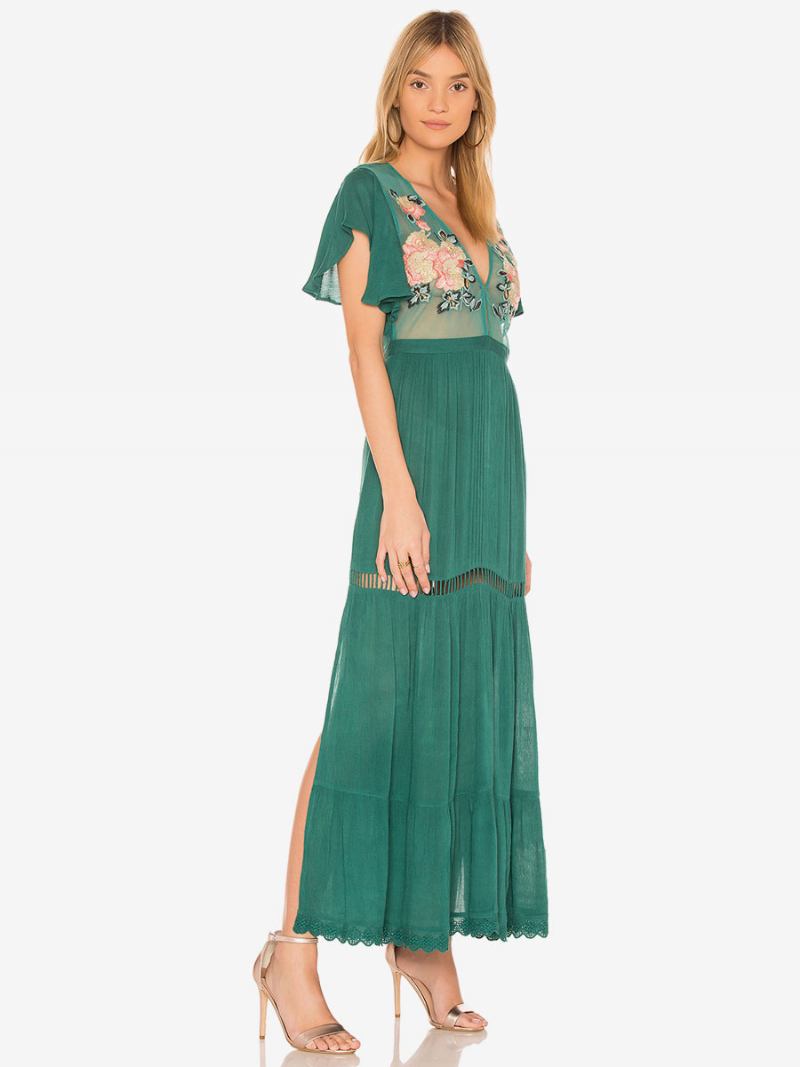 Vestido Boho Rosa Claro Com Decote Em V Mangas Curtas Bordado Transparente Boêmio Praia Férias Verão Maxi Para Mulheres - Verde