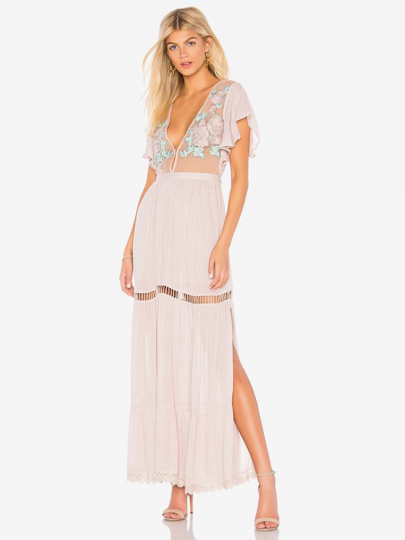 Vestido Boho Rosa Claro Com Decote Em V Mangas Curtas Bordado Transparente Boêmio Praia Férias Verão Maxi Para Mulheres - Rosa Claro