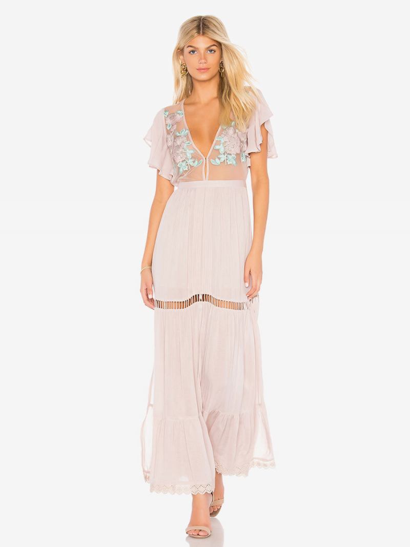 Vestido Boho Rosa Claro Com Decote Em V Mangas Curtas Bordado Transparente Boêmio Praia Férias Verão Maxi Para Mulheres - Rosa Claro