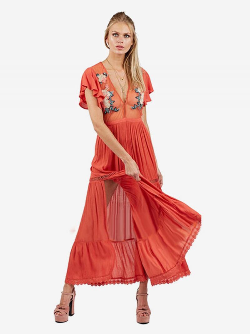 Vestido Boho Rosa Claro Com Decote Em V Mangas Curtas Bordado Transparente Boêmio Praia Férias Verão Maxi Para Mulheres - Laranja