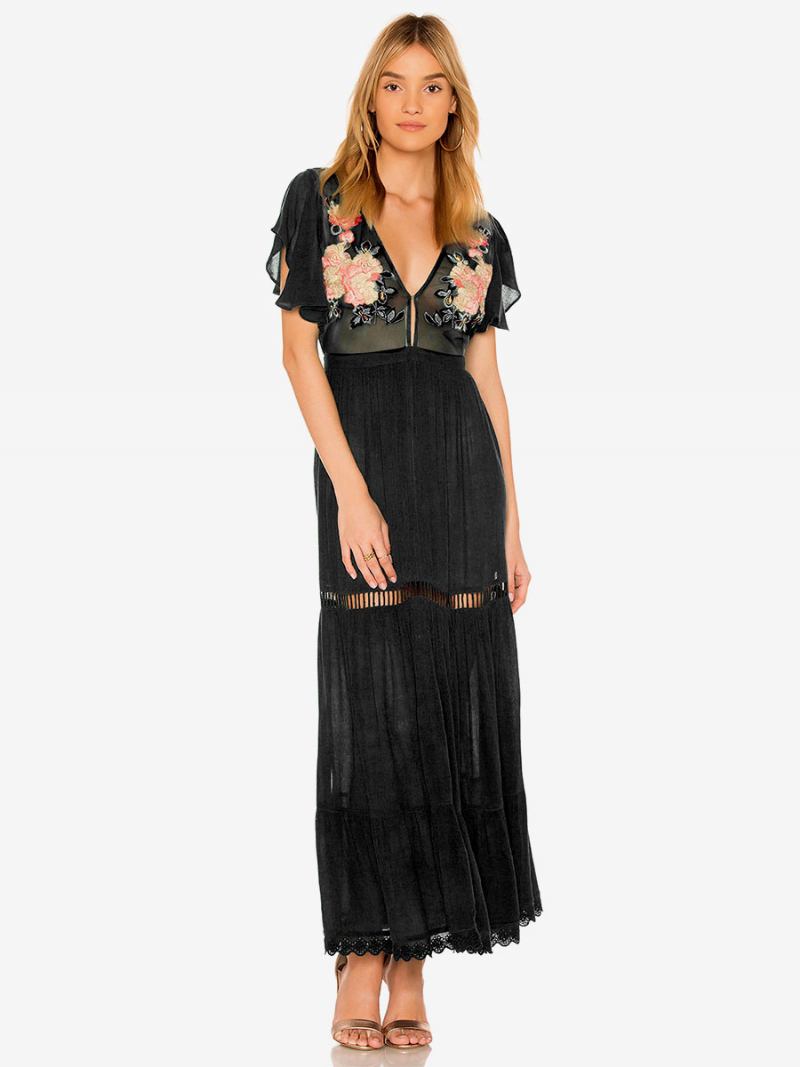 Vestido Boho Rosa Claro Com Decote Em V Mangas Curtas Bordado Transparente Boêmio Praia Férias Verão Maxi Para Mulheres - Preto