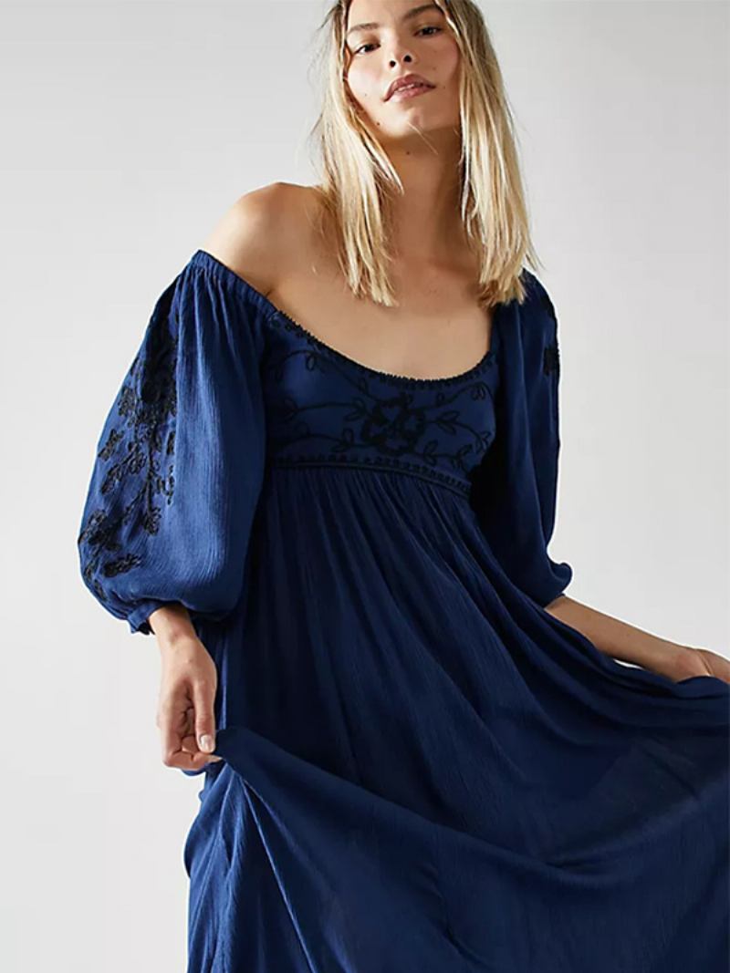 Vestido Feminino Azul Marinho Escuro Inspirado Em Boho Corpete Estampado Franzido Casual Praia Vestidos Maxi - Marinho Escuro