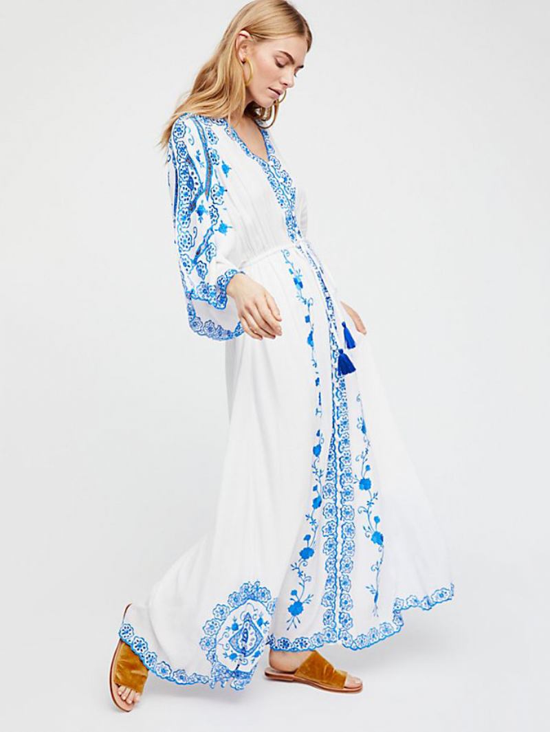 Vestido Feminino Boho Maxi Com Decote Em V E Mangas Compridas Bordado Verão