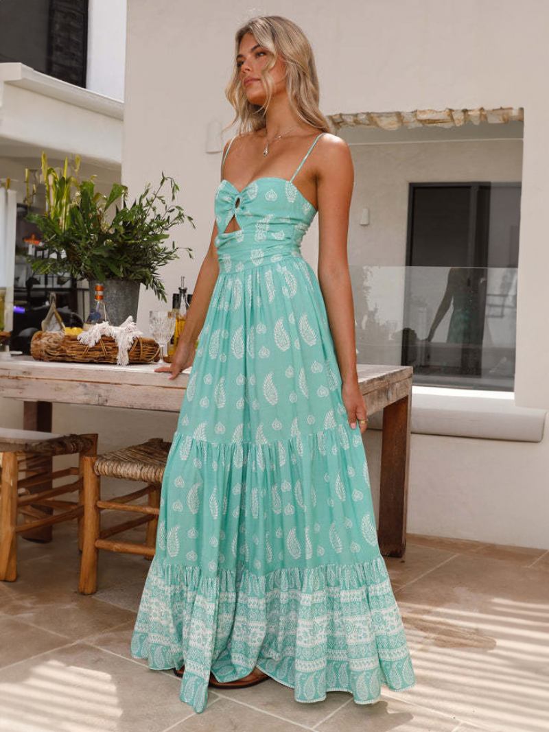 Vestido Feminino Evasê Com Alças Finas Recorte Em Camadas Resort Casual Verão Vestidos Maxi - Verde