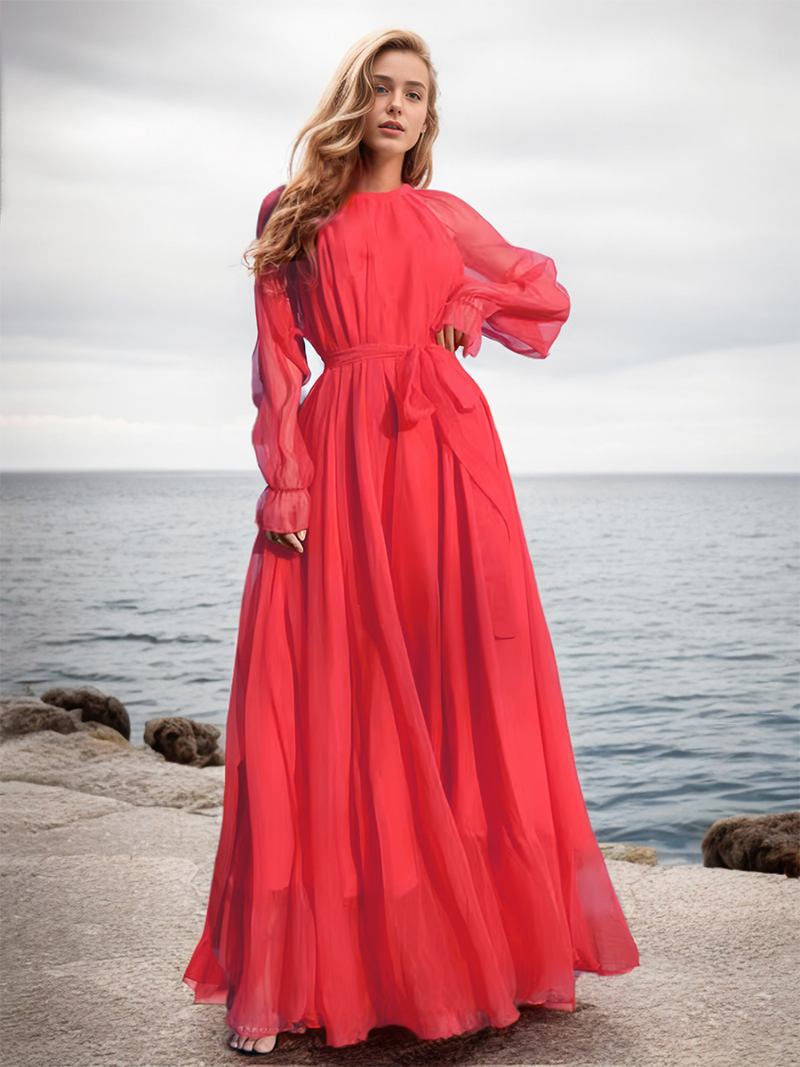 Vestido Feminino Evasê Com Decote Redondo E Mangas Compridas Boho Maxi - Vermelho