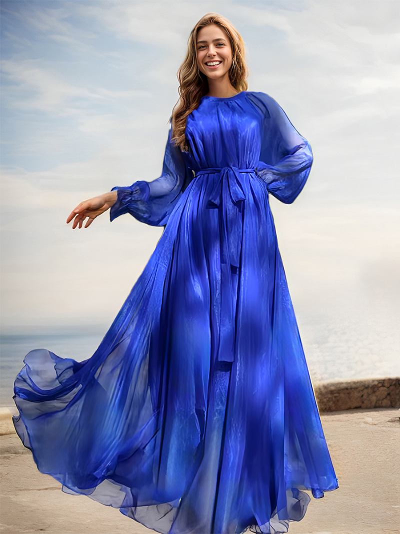 Vestido Feminino Evasê Com Decote Redondo E Mangas Compridas Boho Maxi - Azul Royal