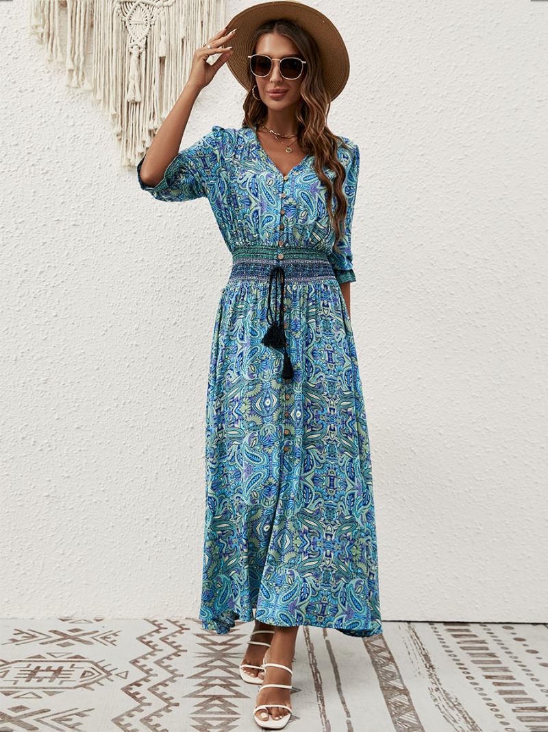 Vestido Feminino Verão Com Decote Em V Estampado Botões Azul Longo Praia - Azul