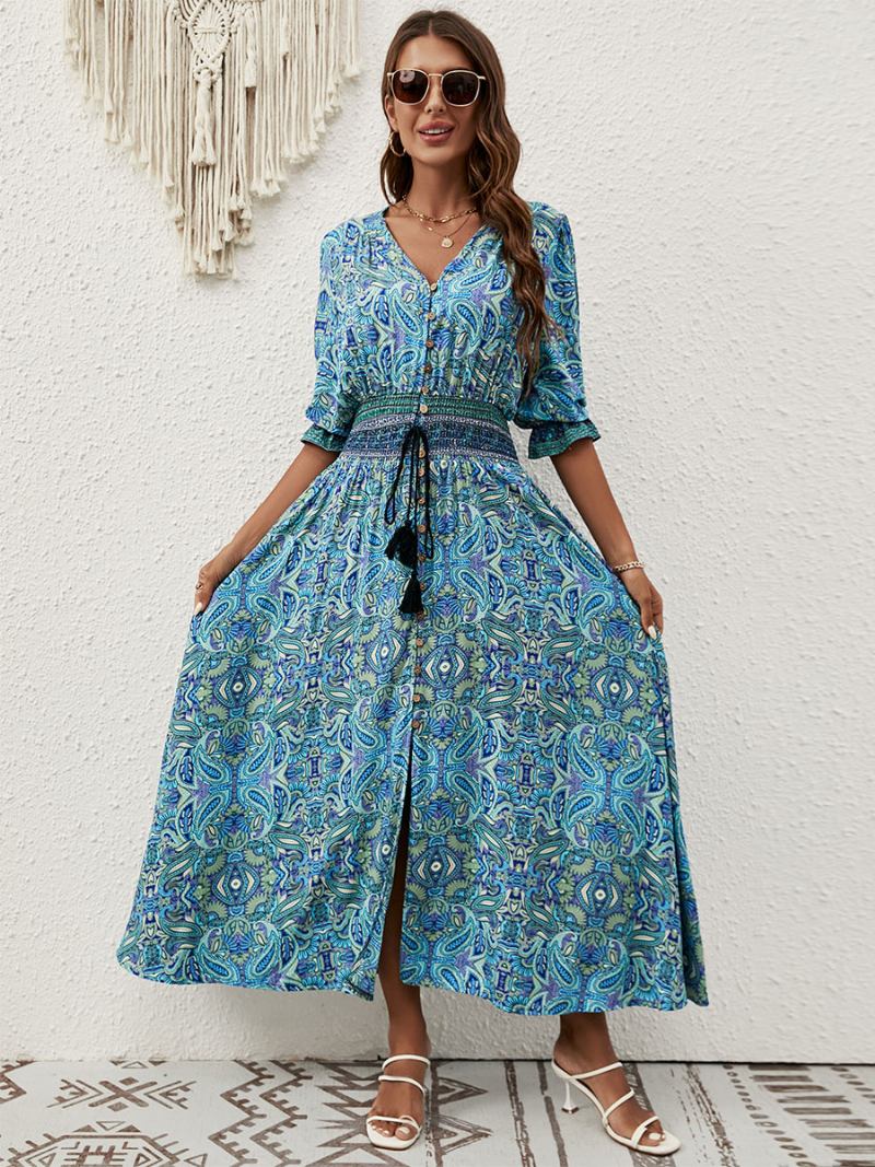 Vestido Feminino Verão Com Decote Em V Estampado Botões Azul Longo Praia - Azul