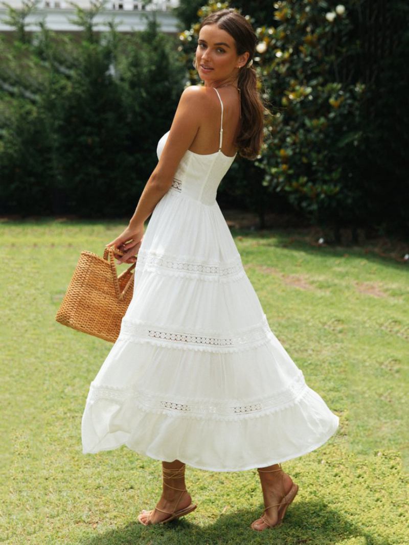 Vestido Feminino Verão Para Aniversário Praia Branco Com Decote Em V - Branco