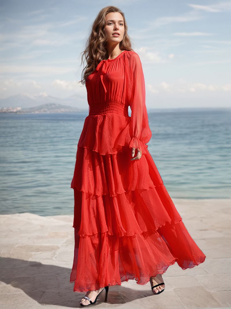 Vestido Feminino Vermelho Em Camadas Com Laço Plissado Gola Boho Vestidos Maxi Casuais - Vermelho