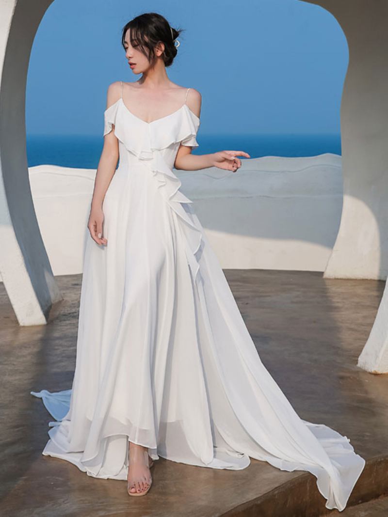 Vestido Longo Feminino Chiffon Com Decote Em V Alças Finas Abertas Nas Costas Vestidos Casamento Praia