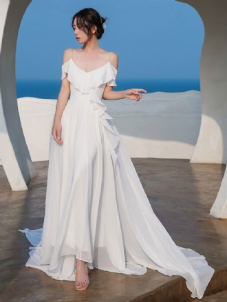 Vestido Longo Feminino Chiffon Com Decote Em V Alças Finas Abertas Nas Costas Vestidos Casamento Praia