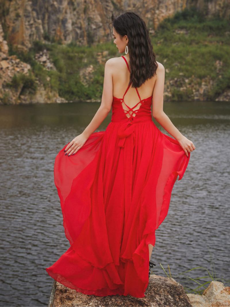 Vestido Longo Feminino Com Decote Em V Sem Mangas Praia Alto-baixo - Vermelho