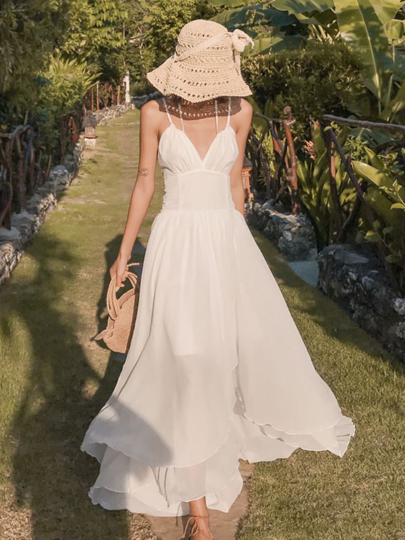 Vestido Longo Feminino Com Decote Em V Sem Mangas Praia Alto-baixo - Branco