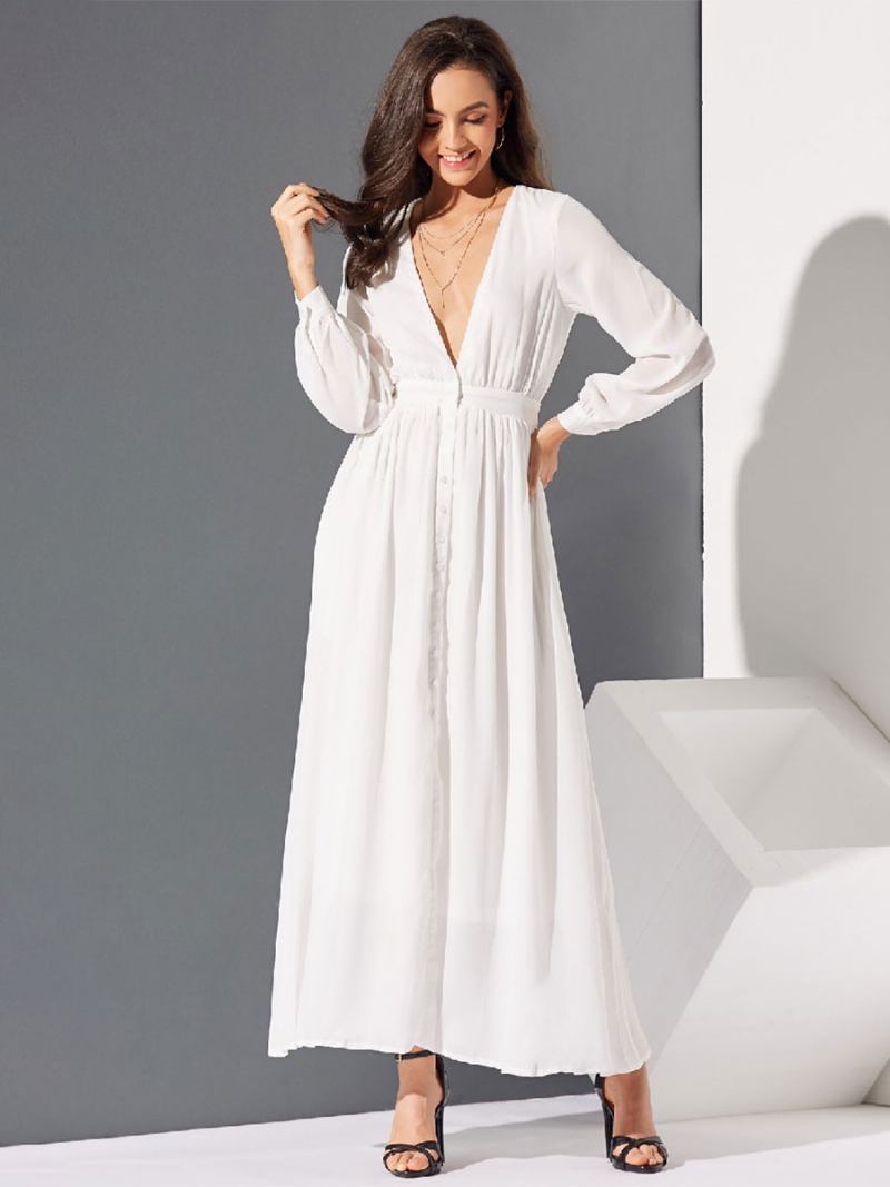 Vestido Maxi Feminino Com Decote Em V E Mangas Compridas - Branco