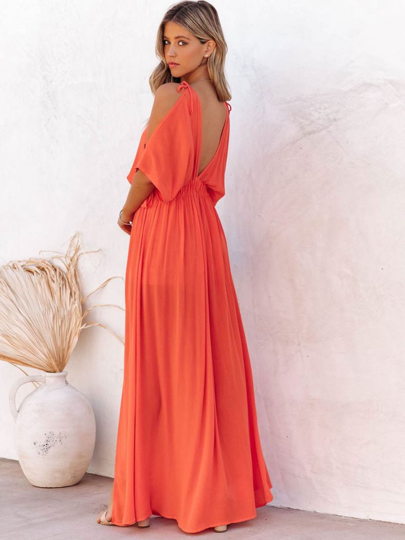 Vestido Maxi Feminino Com Decote Em V Ombro Aberto Comprimento Até O Chão - Coral