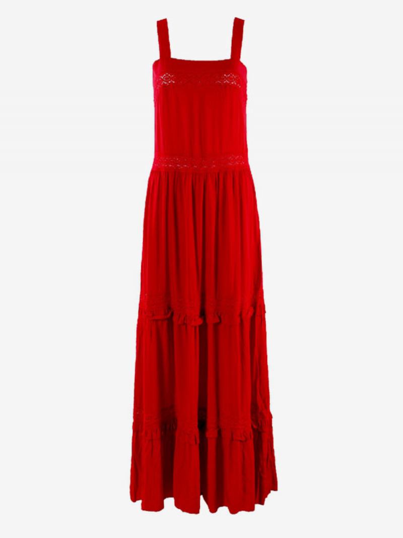 Vestido Maxi Feminino Com Decote Em V Sem Mangas Algodão Até O Chão - Vermelho 